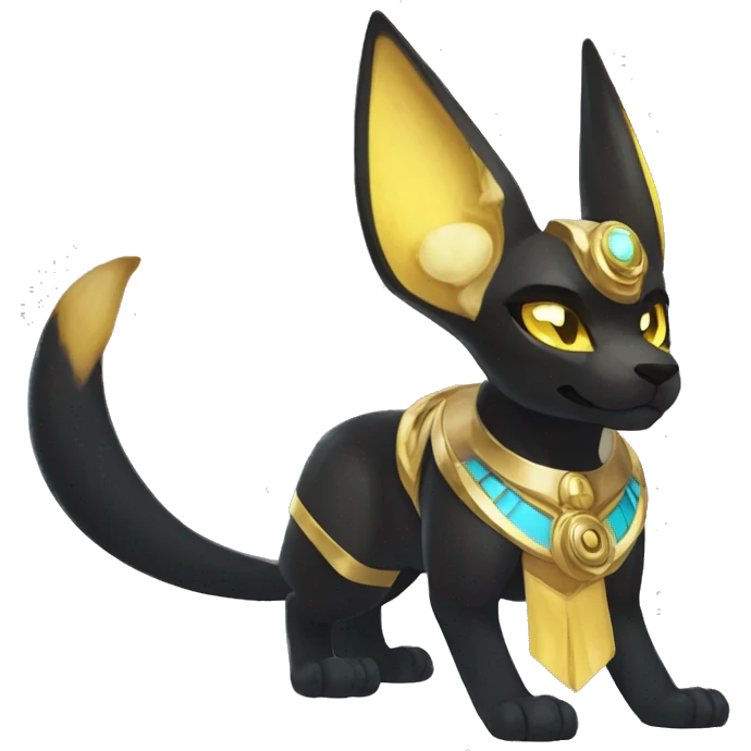 Black godly overpowered ethereal majestic Egyptian Lucario-Umbreon-Cat. Golden Anubis-Rings and yellow ring-markings. Full body emoji