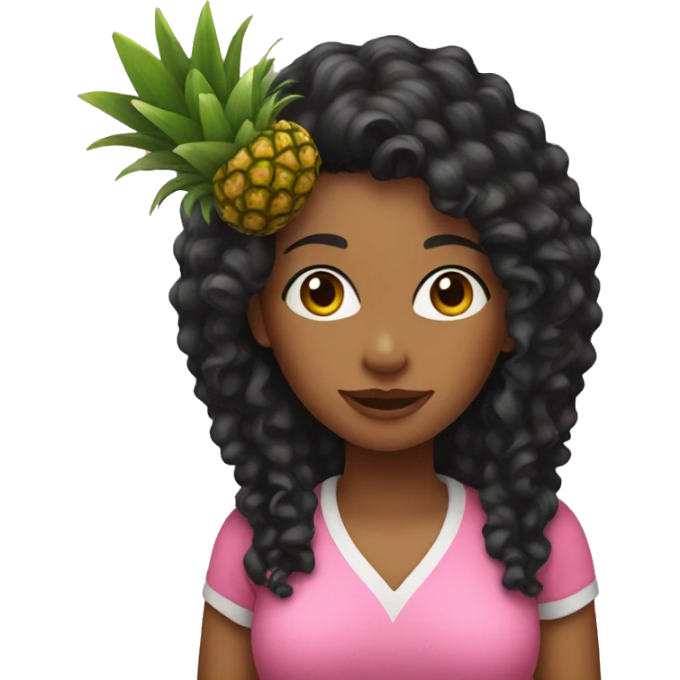 woman with long black curly hair wearing pink holding a pineapple  emoji