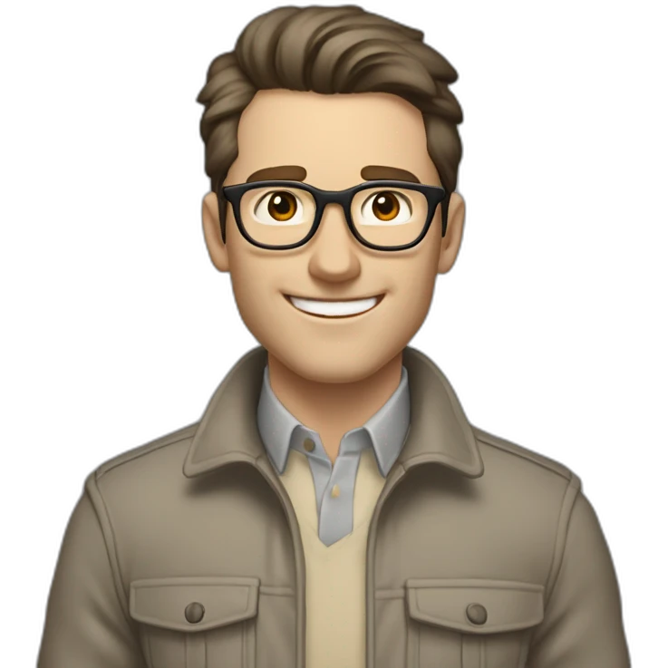 Joyful Pale skinned Fit Man With dark brown hair in gray jacket, beige office shirt, Brown pants and vintage glasses. His thrumbs up emoji