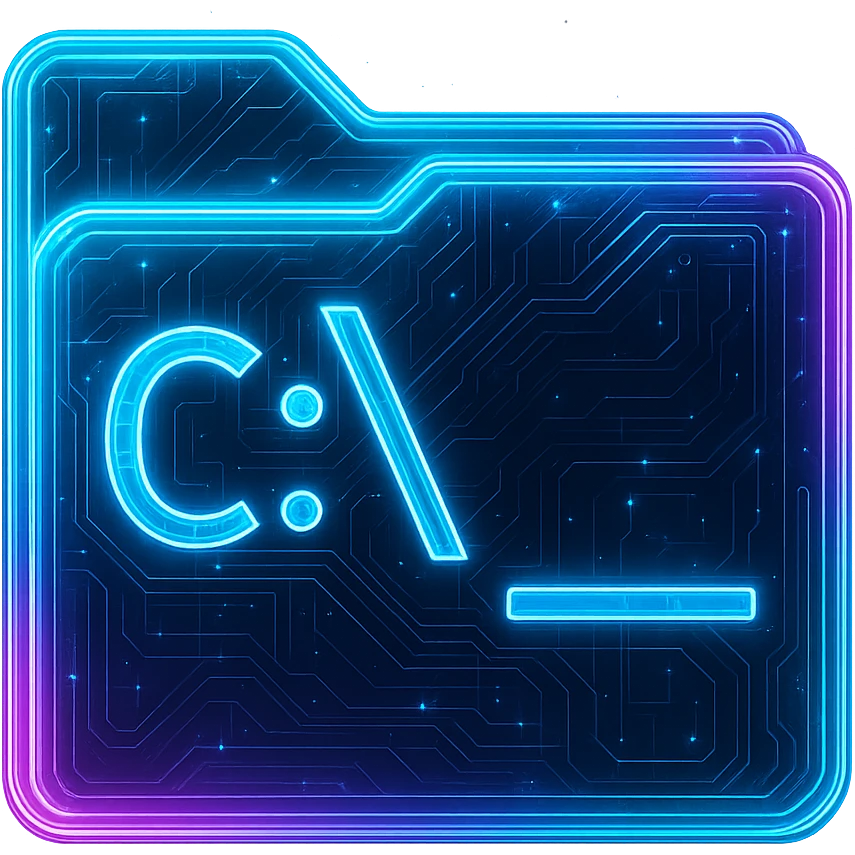 Transform the Windows CMD icon into a cyberpunk, holographic style with glowing neon blue and pink edges and circuit patterns throughout the entire icon. Maintain the recognizable terminal window shape and C:\ prompt, overlaying neon and circuit effects in a consistent futuristic, clean cyberpunk glow style with intricate circuit details. The background should be transparent. The style should match the previous cyberpunk icons with a holographic neon aesthetic. emoji