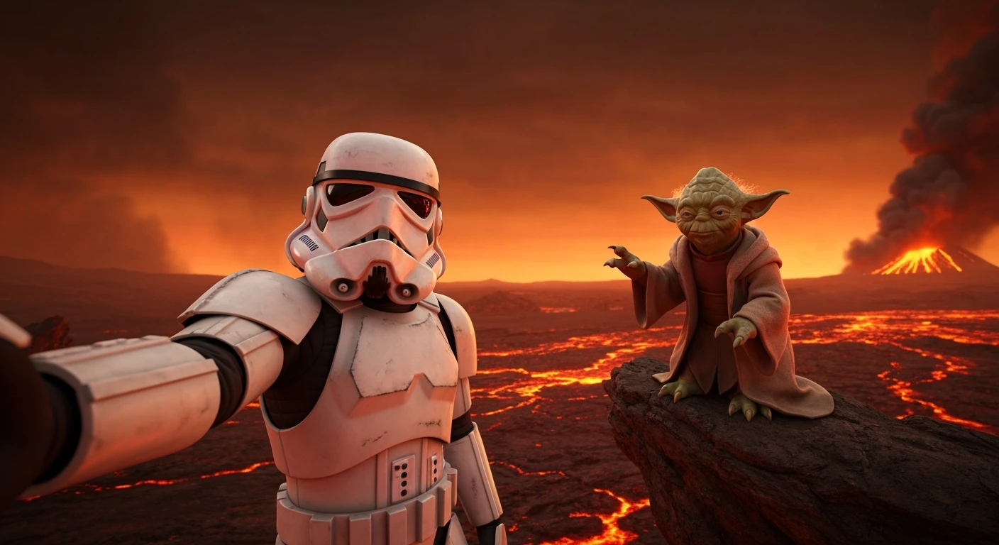 Cinematic still, selfie camera, Starwars stormtroopers vlogging , he is walking on lava planet with yoda emoji
