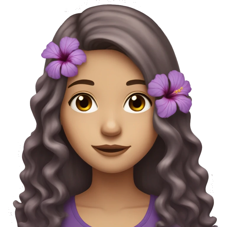 teen white girl with long wavy brown hair and a purple hibiscus flower in her hair emoji
