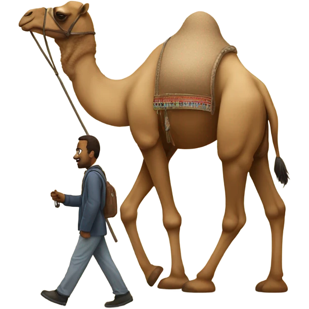a man walking in front of a camel and holding it emoji
