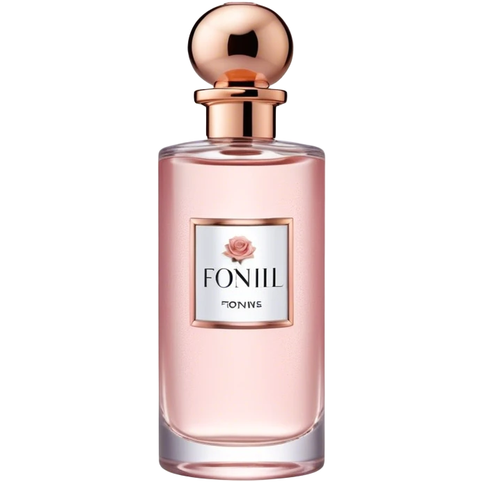 perfume pink A **slim, cylindrical perfume bottle** with a **transparent glass body**, a **rose gold metallic cap**, and a **denim-textured label**. emoji