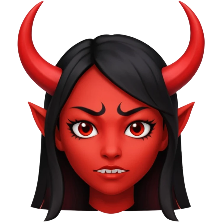 Head only demon girl; face with pronounced cheekbones and angular jaw; skin is uniform pure red (#FF0000) everywhere; long straight smooth black hair; small horns emoji