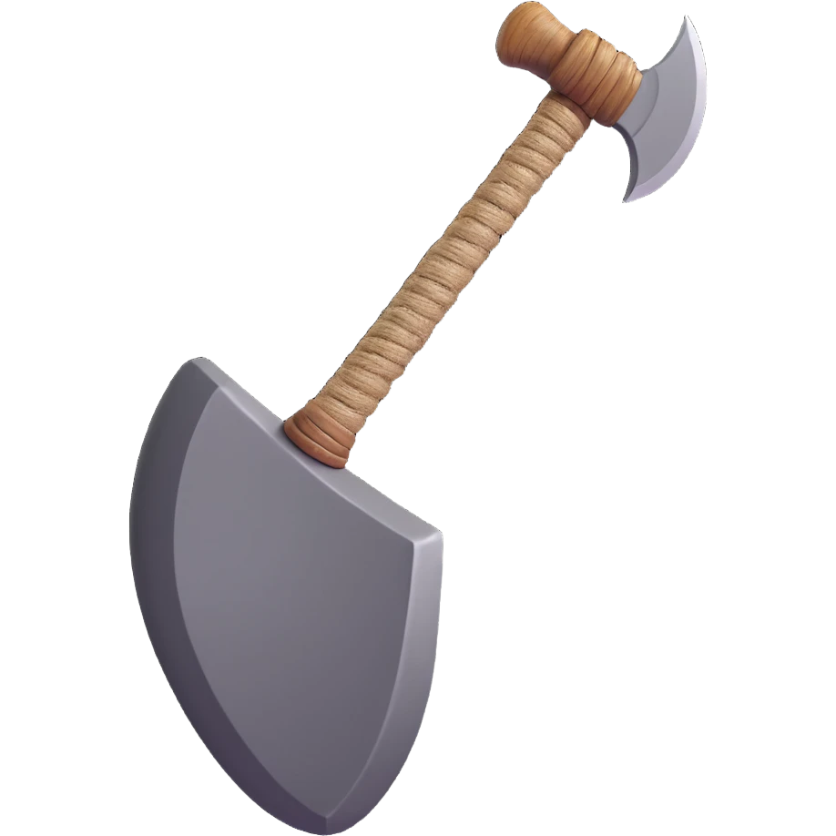 Draw a Stone Age hand axe with a sturdy wooden handle showing visible texture, thick rope binding a roughly shaped gray stone blade at the top. The image should have soft shadows and glossy highlights, polished and three-dimensional, centered on a clean white background. emoji