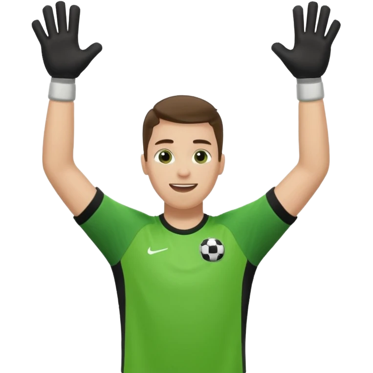 soccer goalkeeper wearing a green shirt, shorts, socks and football boots, with arms raised emoji