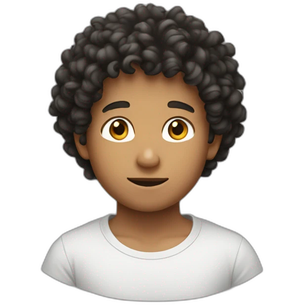 a boy with a curly hair and a musk and a black t-shirt emoji