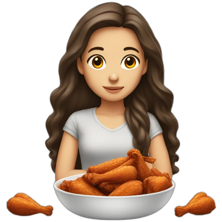 A brunette girl with long hair, eating chicken wings emoji