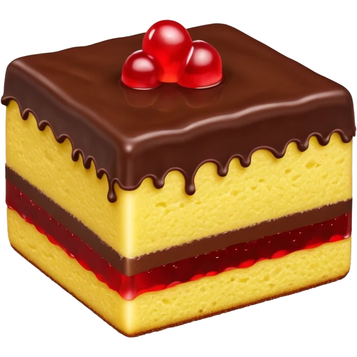 chocolate-covered snack cake with a moist yellow sponge interior. The cake is topped with chocolate curls or shavings and has a creamy white filling alongside a vibrant red jelly or fruit-flavored center (likely cherry or raspberry) emoji