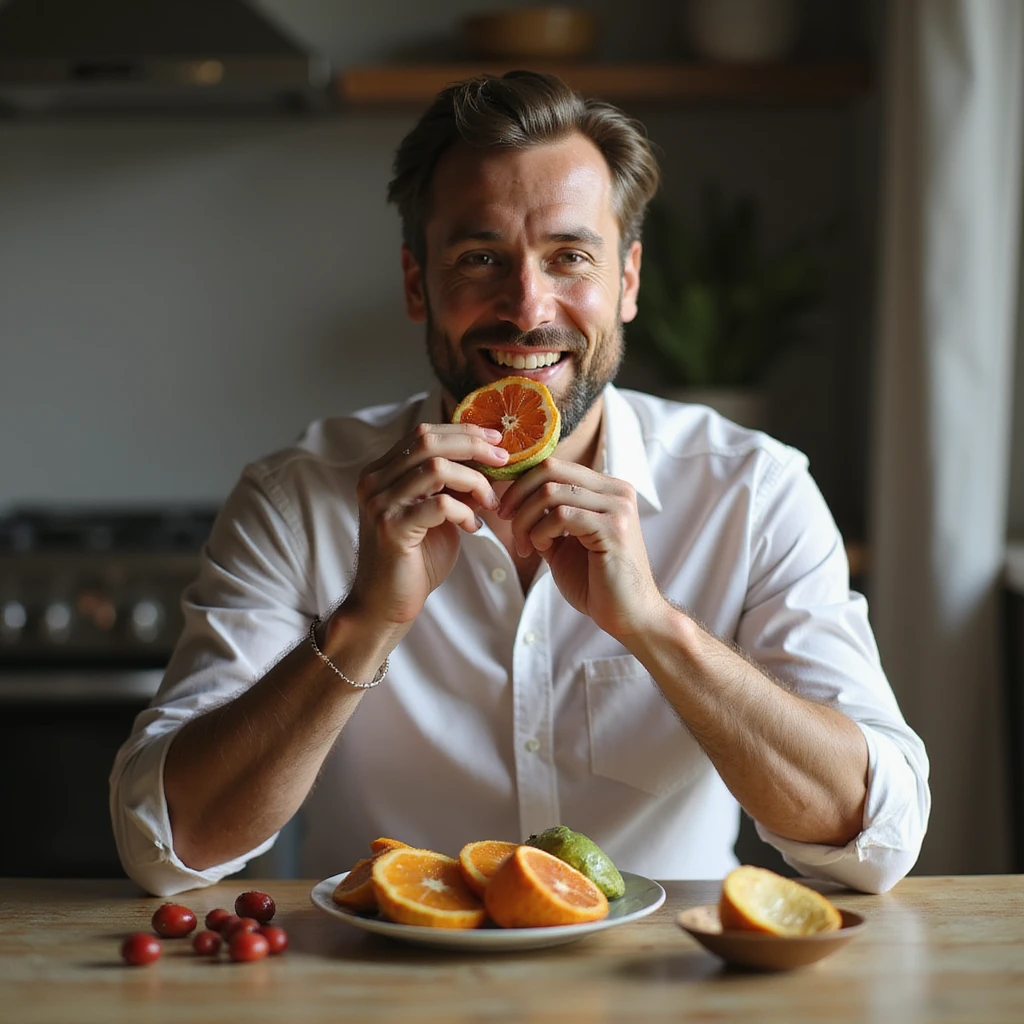 hyperrealistic 4K man isolated on white background having breakfast, eating fresh fruit, natural pose, realistic details, variant 5 emoji