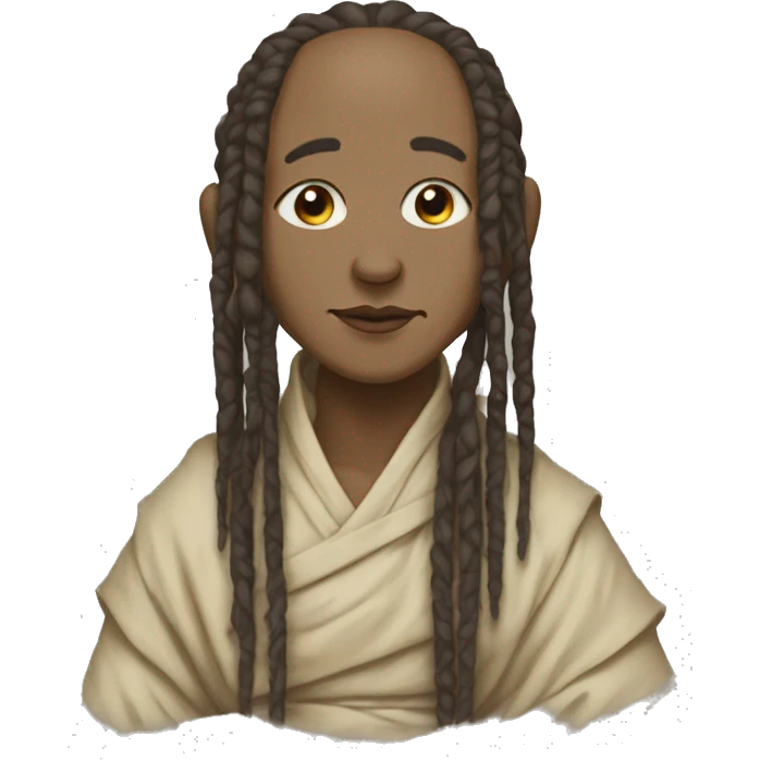 A black light skinned monk, with a dreads tied up on a ponytail, painting on a canvas  emoji