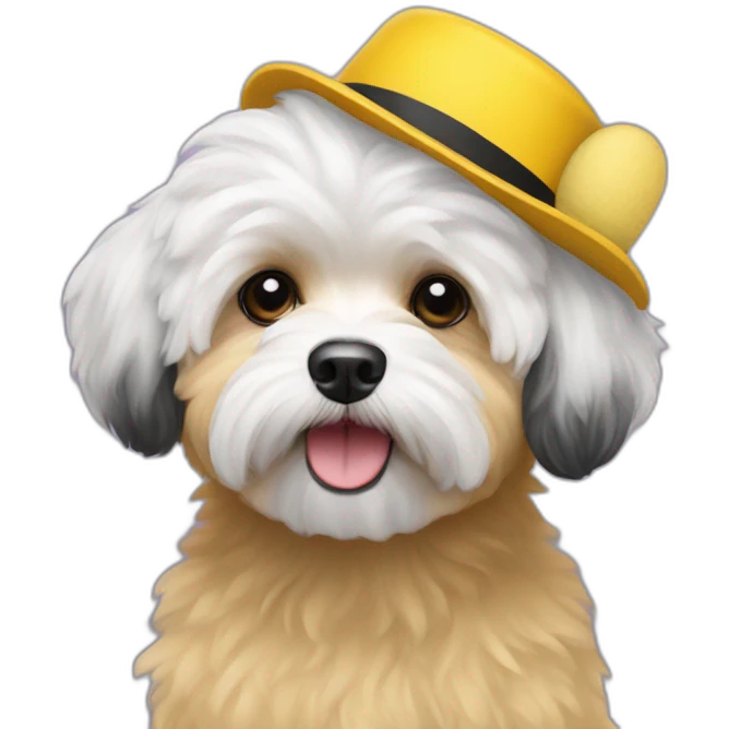 A black bichon havanese with a yellow hat emoji