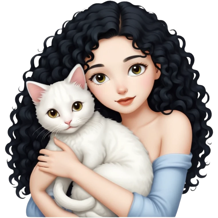 Beautiful sexy girl with long black curly hair hugging a white cat emoji
