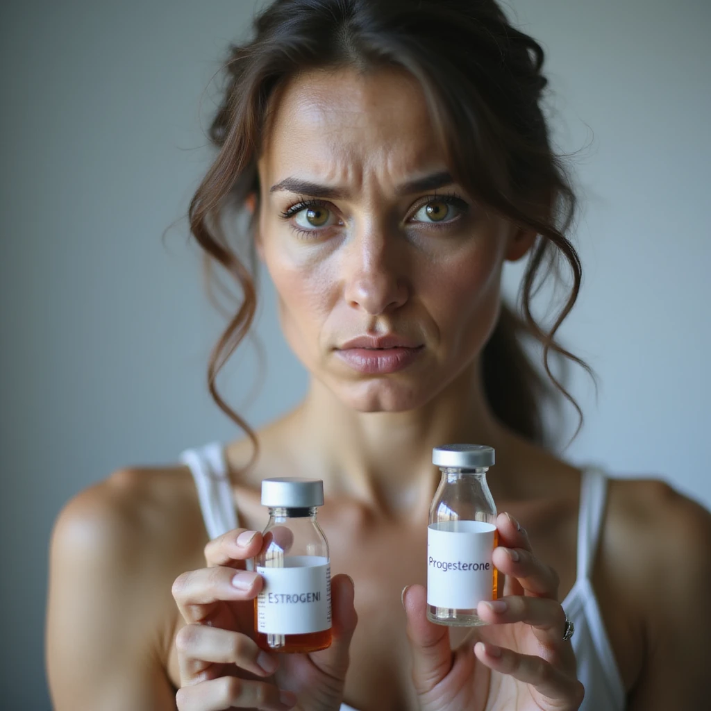 hyperrealistic 4K image of a woman with hormonal imbalance holding two vials labeled 'Estrogeni' and 'Progesterone', doubtful expression, clinical environment emoji
