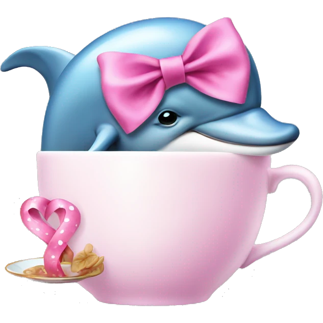 dolphin wearing a pink ribbon bow drinking tea emoji