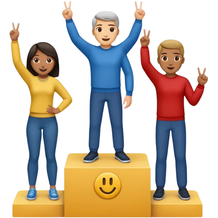 three casually dressed multi-racial people on a winners podium with the center step higher, no numbers, center person holding up one finger on each hand, left person holding up two fingers on each hand, right person holding up three fingers on each hand, cheerful expressive emoji style emoji
