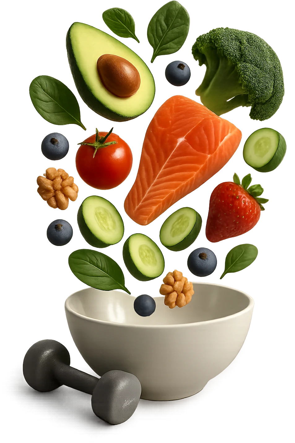 bowl bianca con cibo sano che cade dall'alto insieme a piccoli manubri da palestra in 3d, iperrealistica 4k emoji