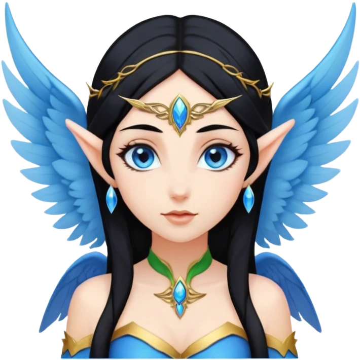 A goddess with black hair, elf ears, blue eyes and wings emoji