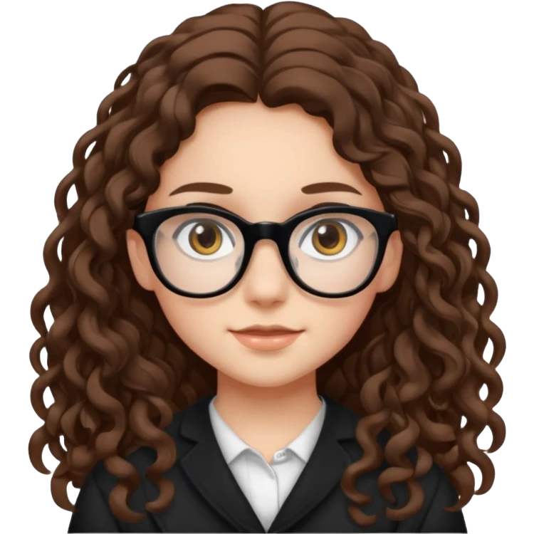white teen girl with long brown curls, hazel eyes, and black frame glasses emoji
