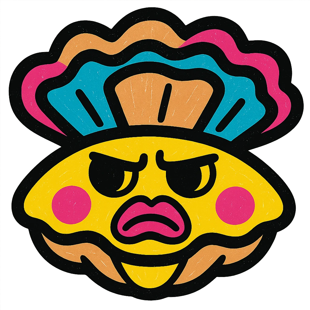 Cute oyster with a sulky expression, pursed lips, furrowed eyebrows, in pop colors style, transparent background. emoji