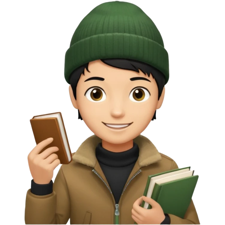 tan skin, non binary man with pixie cut black hair, wearing brown jacket and dark green beanie, smiling , holding up books  emoji