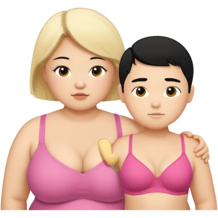 chubby asian waman round eyebrow medium black hair wear a bra with her blonde haired son emoji