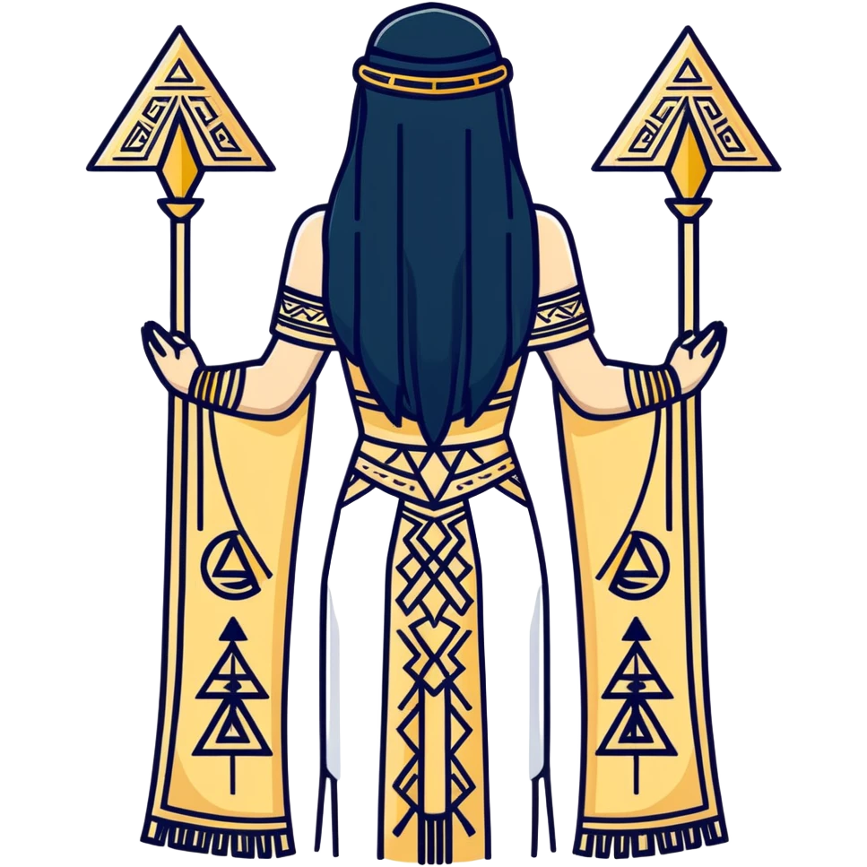 back view of Anunnaki goddess Inanna with straight long black hair and ancient Sumerian symbols embroidered on her ceremonial dress emoji