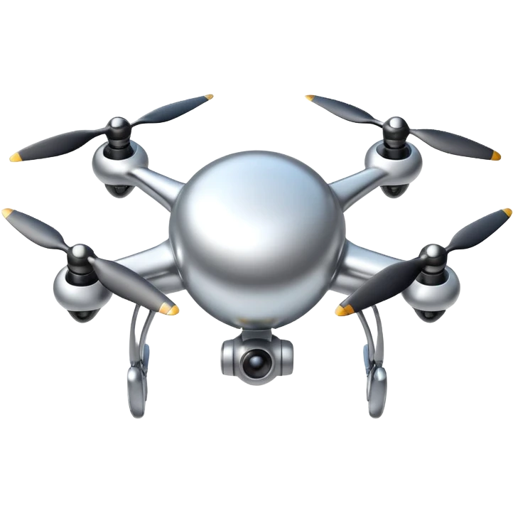 A futuristic drone emoji made of polished silver chrome, smooth rounded body, minimal propellers, reflective metallic surface, soft studio lighting, iOS emoji style, centered, clean white background emoji