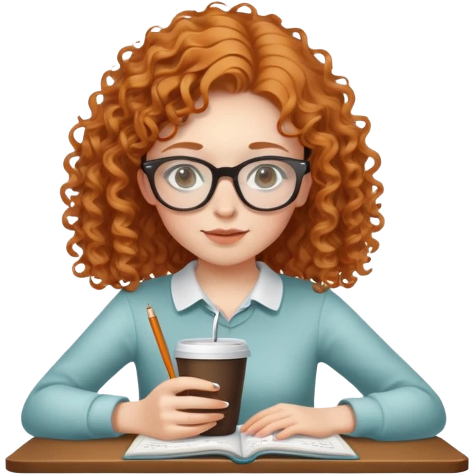 girl with curly slightly ginger hair with transparent glasses writing a script on a notebook and drinking coffee emoji