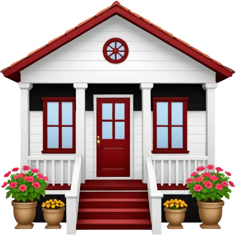 A typical wooden house from rural Puerto Rico with a central functional door, two symmetrical windows with flower boxes, a front porch with open railings, and a rocking chair. The house should look humble but well-maintained, evoking warmth and authenticity. emoji