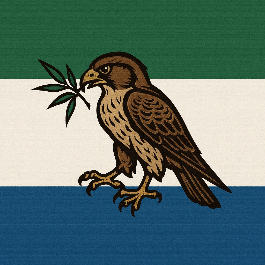 flag with green, white, and blue horizontal stripes and a central emblem of a falcon eating bamboo, stylized and bold emoji