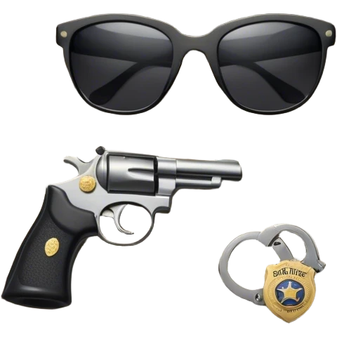 Icon for Action & Crime Reading: an open book, a revolver, handcuffs. Surrounding elements include a dark alley, a police badge, and a pair of sunglasses. The icon should evoke tension, suspense, and action.  Transparent background. emoji