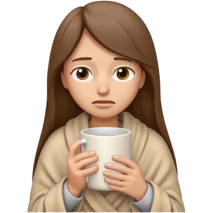 emoji-style illustration of a sad crying woman with long straight brown hair, wrapped in a cozy beige blanket, holding a mug cup, minimalistic look, front-facing, soft 3D cartoon rendering, plain background emoji