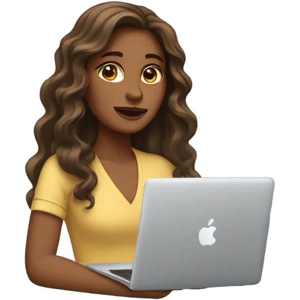 a woman with long wavy hair and brown eyes with macbook emoji