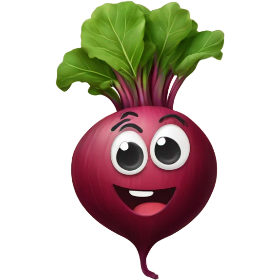 miling beetroot with big expressive eyes, rosy cheeks, and a green leaf on top. Simple and bright design with a cheerful and cartoonish style. emoji