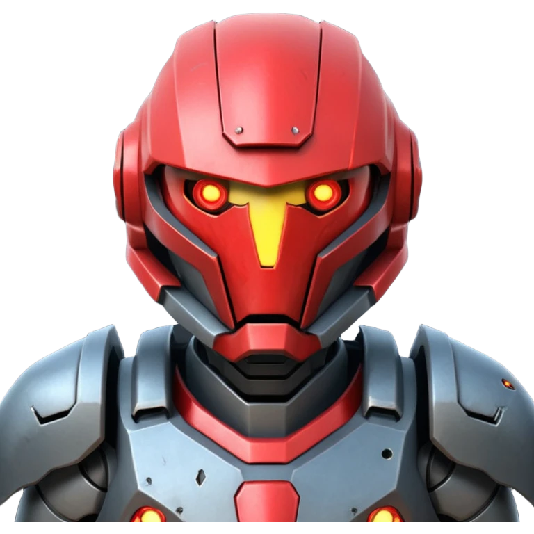 futuristic war robot portrait, head and shoulders only, aggressive design, sharp armor edges, glowing red eyes, battle-damaged helmet faceplate, heavy armor collar, intense dramatic lighting, sci-fi metal textures, 3D cartoon, mobile game icon style, clean background, no text, no watermark
 emoji