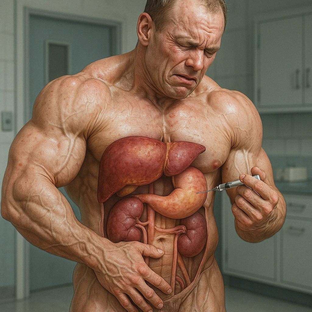  bodybuilder che fa dosaggi a caso di steroidi, e quindi sta male, iper realistica , fai fegato e reni in evidenza emoji
