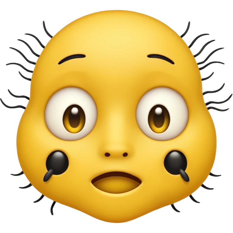 😊🥺 these emojis but with flies around it and its happy yellow face emoji black eyes like the 4th image but its cuter remove the nose make the eyes bigger and close its mouth emoji