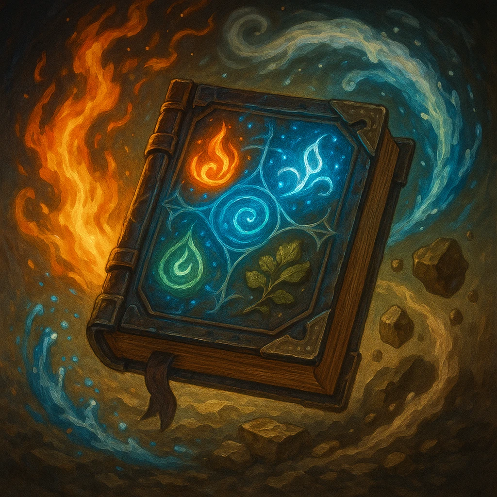 a magical elemental book, glowing with arcane symbols, surrounded by swirling elements of fire, water, earth, and air, in a fantasy illustration style emoji