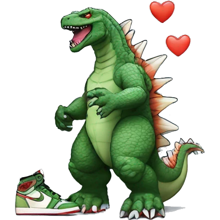 Godzilla in graphic style, holding Nike Air Jordan 1 sneakers in his hands emoji
