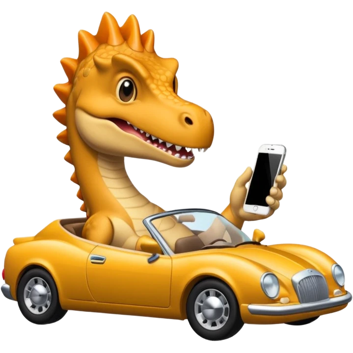 Dinosaurio con iPhone en un carro lujoso emoji