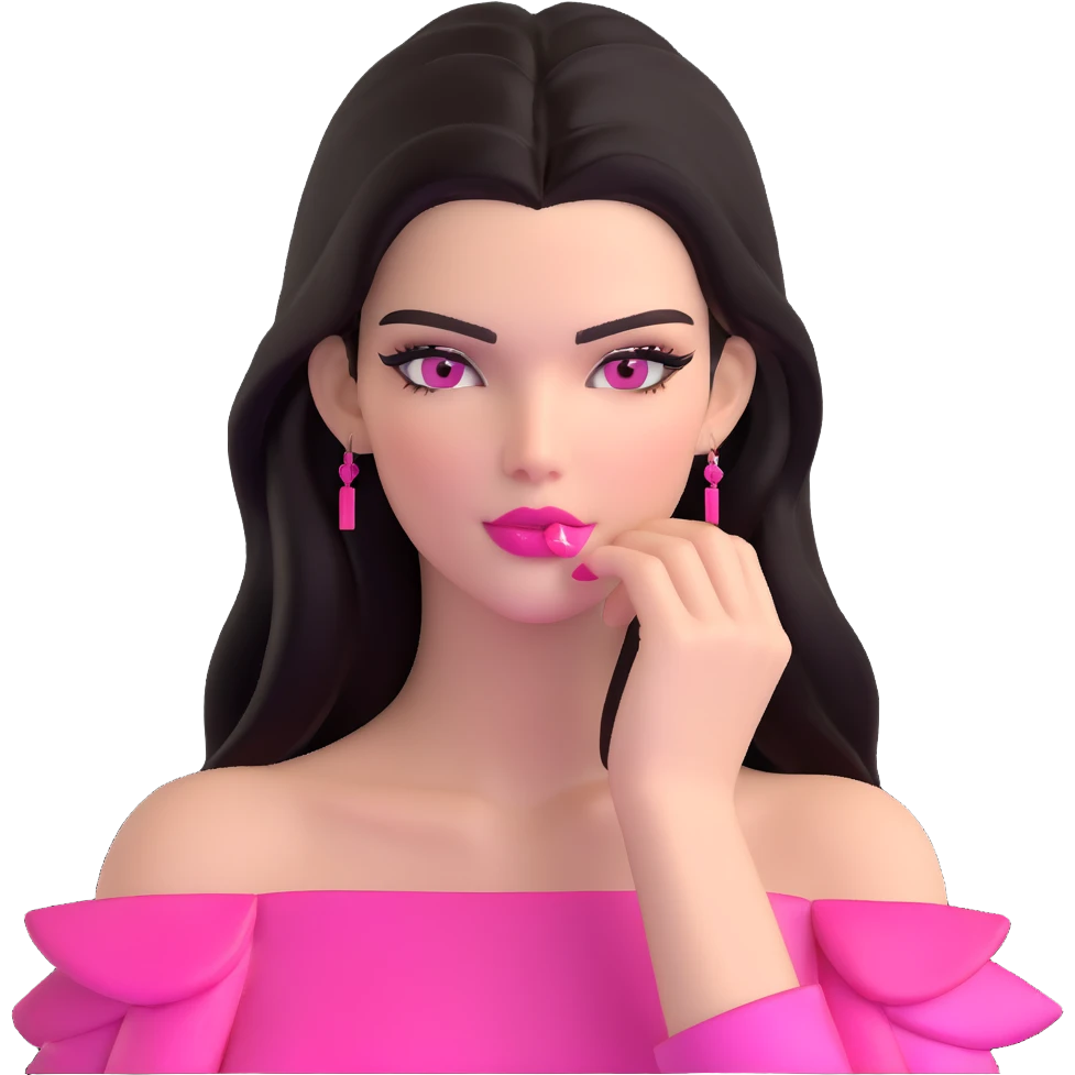 Kendall Jenner supermodel, longer face, long dark hair, bright pink glossy lipgloss, rosy pink blush, sharp winged eyeliner, bare shoulders emoji