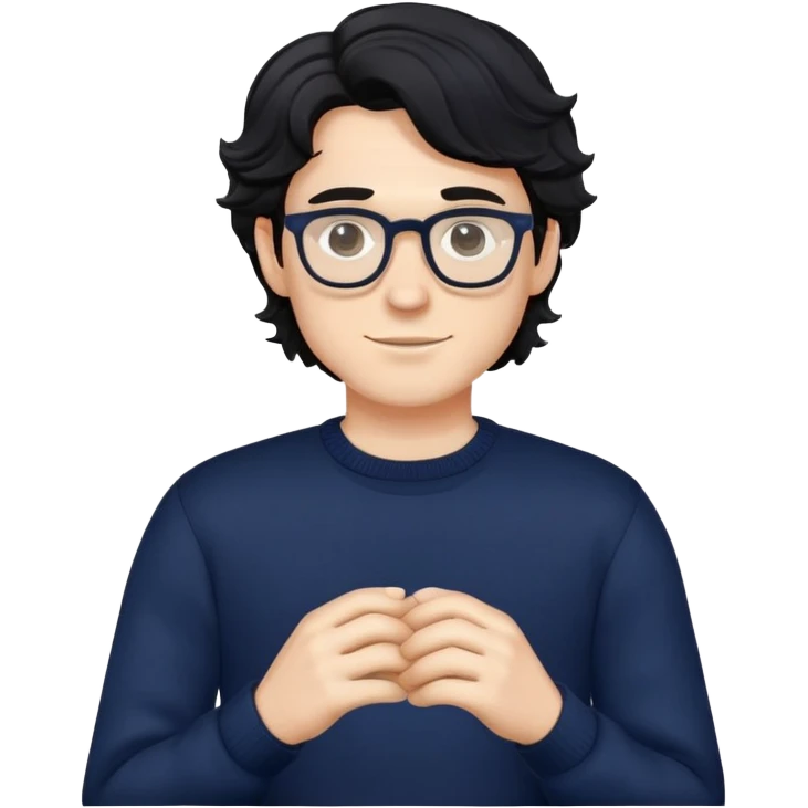 Caucasian male with wavy black hair wearing eyeglasses and a dark navy blue long sleeve pullover sweater emoji