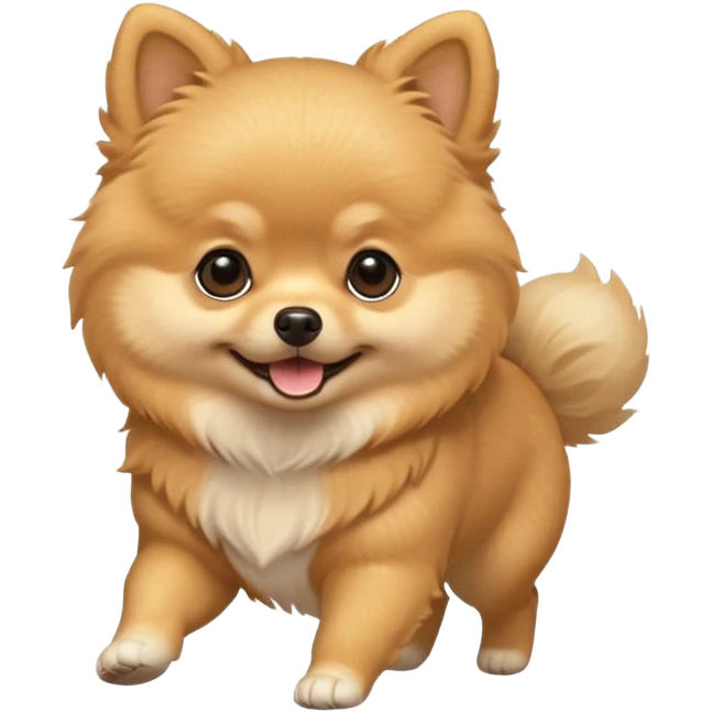 Create a cute tiny golden pomerania small not so furry- running playing and so emoji