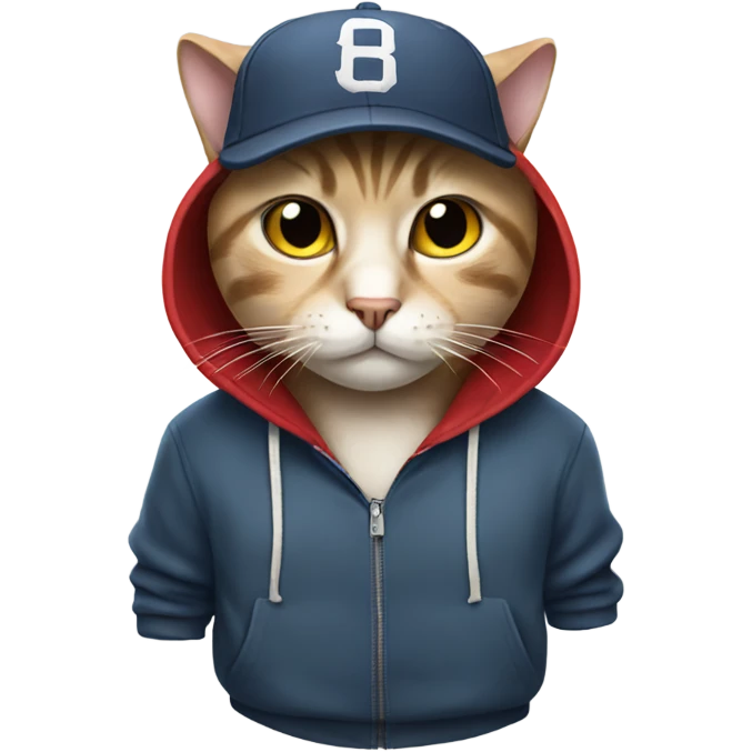Cat wearing a hoodie and a baseball cap emoji