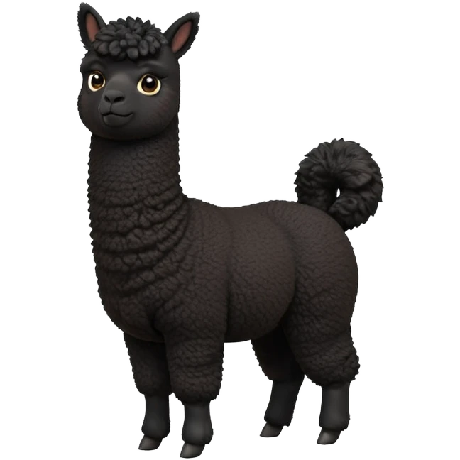 cinematic-[black alpaca]-realistic-full-body-standing-emoji,-tail-flicking-lazily,-head-tilted-dramatically,-curly-[black]-coat,-simplified-yet-realistic-focused-features,-highly-detailed,-glowing-with-an-almost-sarcastic-glow emoji