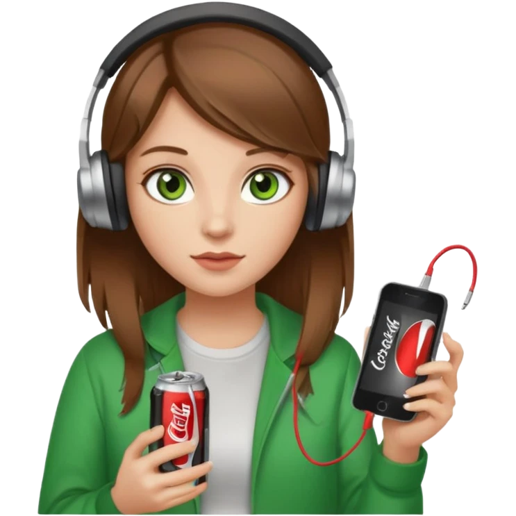 a girl with brown hair blonde ends green eyes phone in hand with diet coke and wearing headphones emoji
