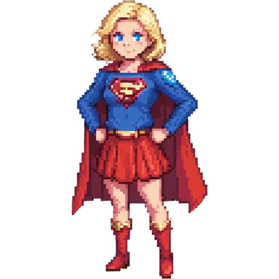 Supergirl superhero full body, blue suit with red skirt, red cape, blonde hair, and S emblem on chest emoji