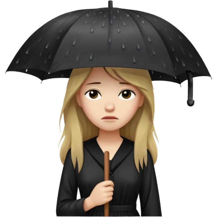 غمگین🧍‍♀️🌧موهای بلندلباس مشکی بدون چتر ،صورت افسرده  بارون emoji
